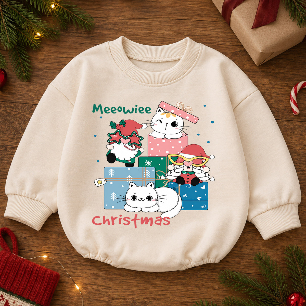 Meowie Christmas Cat Baby Romper, Cute Kitty Gift Box Holiday Outfit, Festive Cat Lover Romper, Christmas Gift for Baby — product view 2