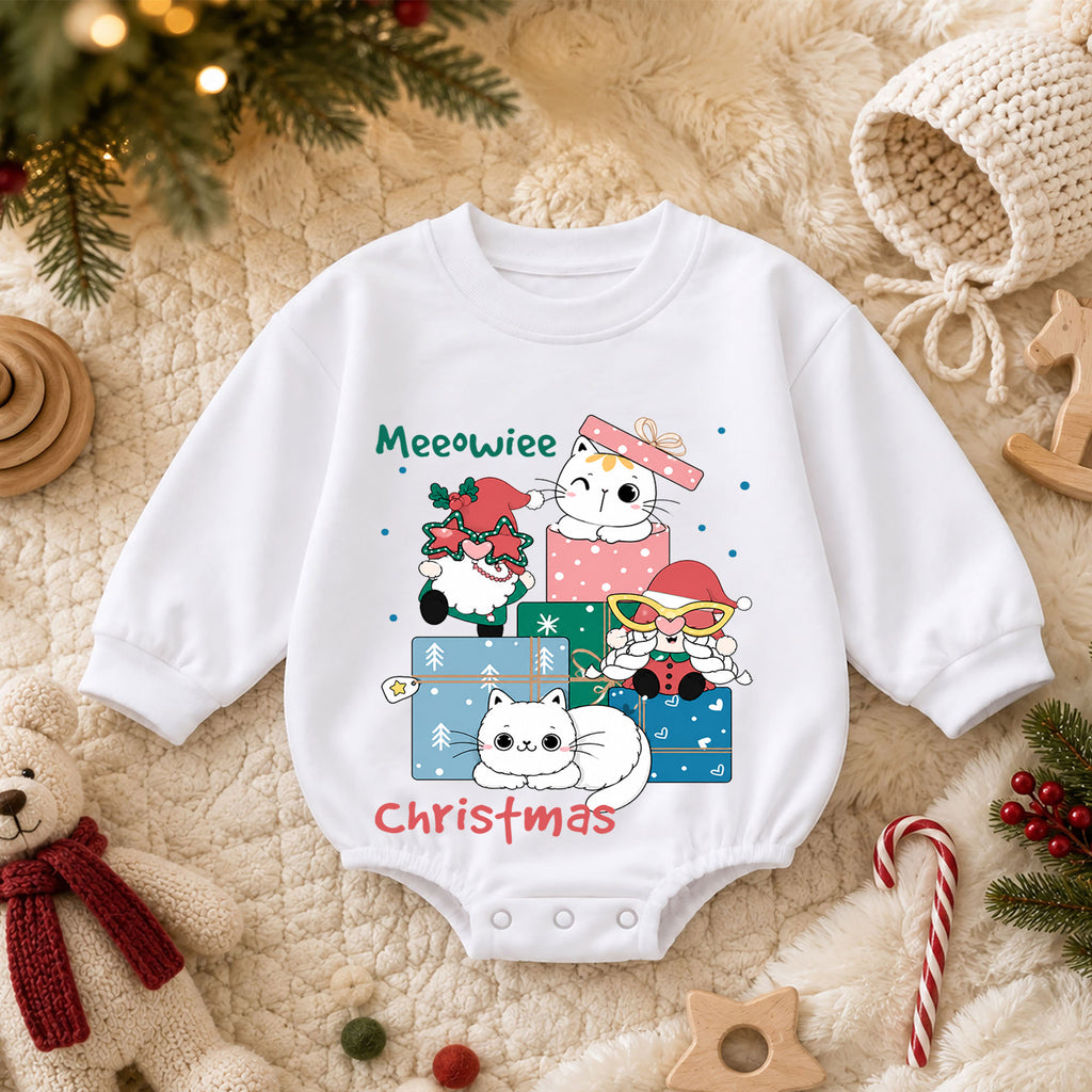 Meowie Christmas Cat Baby Romper, Cute Kitty Gift Box Holiday Outfit, Festive Cat Lover Romper, Christmas Gift for Baby — product view 3