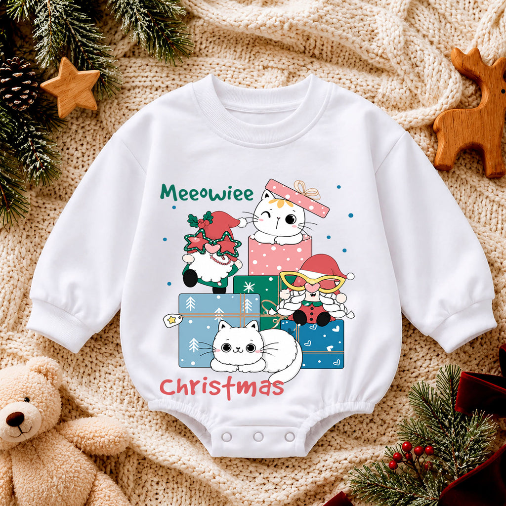 Meowie Christmas Cat Baby Romper, Cute Kitty Gift Box Holiday Outfit, Festive Cat Lover Romper, Christmas Gift for Baby — product view 4