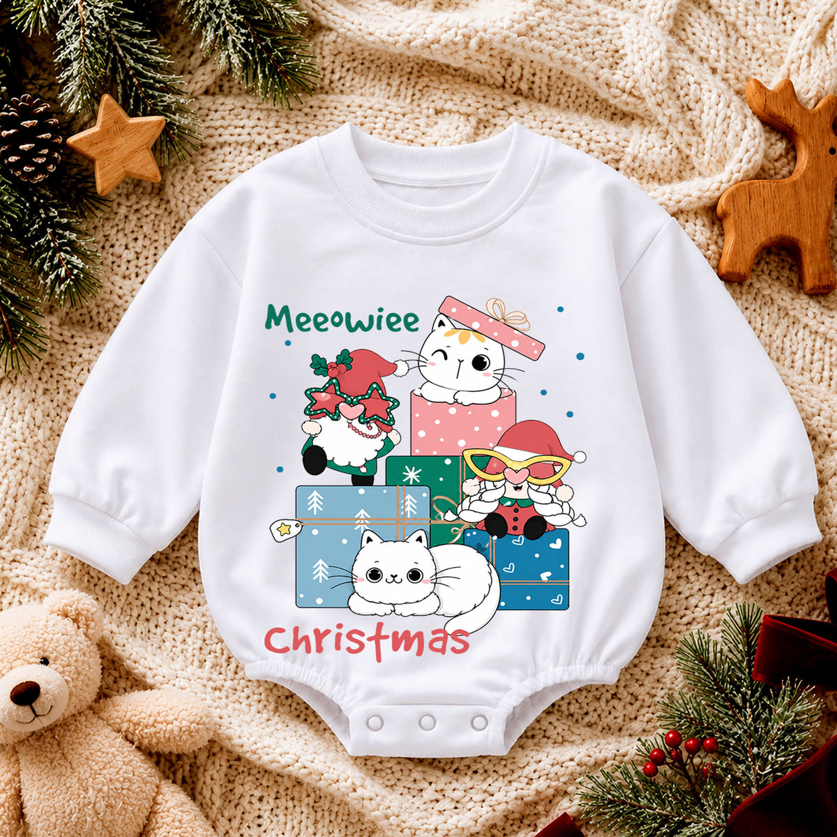 Meowie Christmas Cat Baby Romper, Cute Kitty Gift Box Holiday Outfit, Festive Cat Lover Romper, Christmas Gift for Baby — product view 4