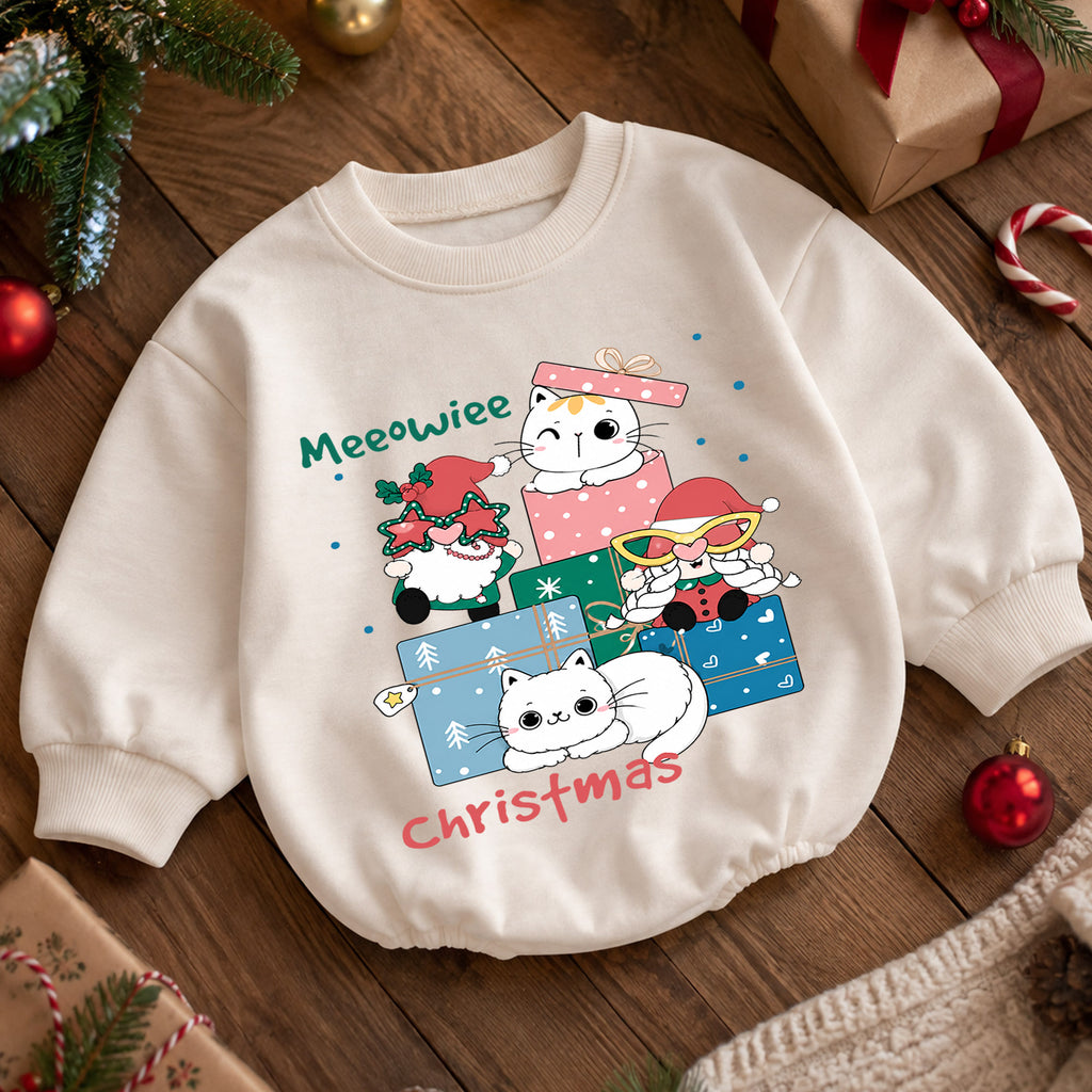 Meowie Christmas Cat Baby Romper, Cute Kitty Gift Box Holiday Outfit, Festive Cat Lover Romper, Christmas Gift for Baby — product view 5