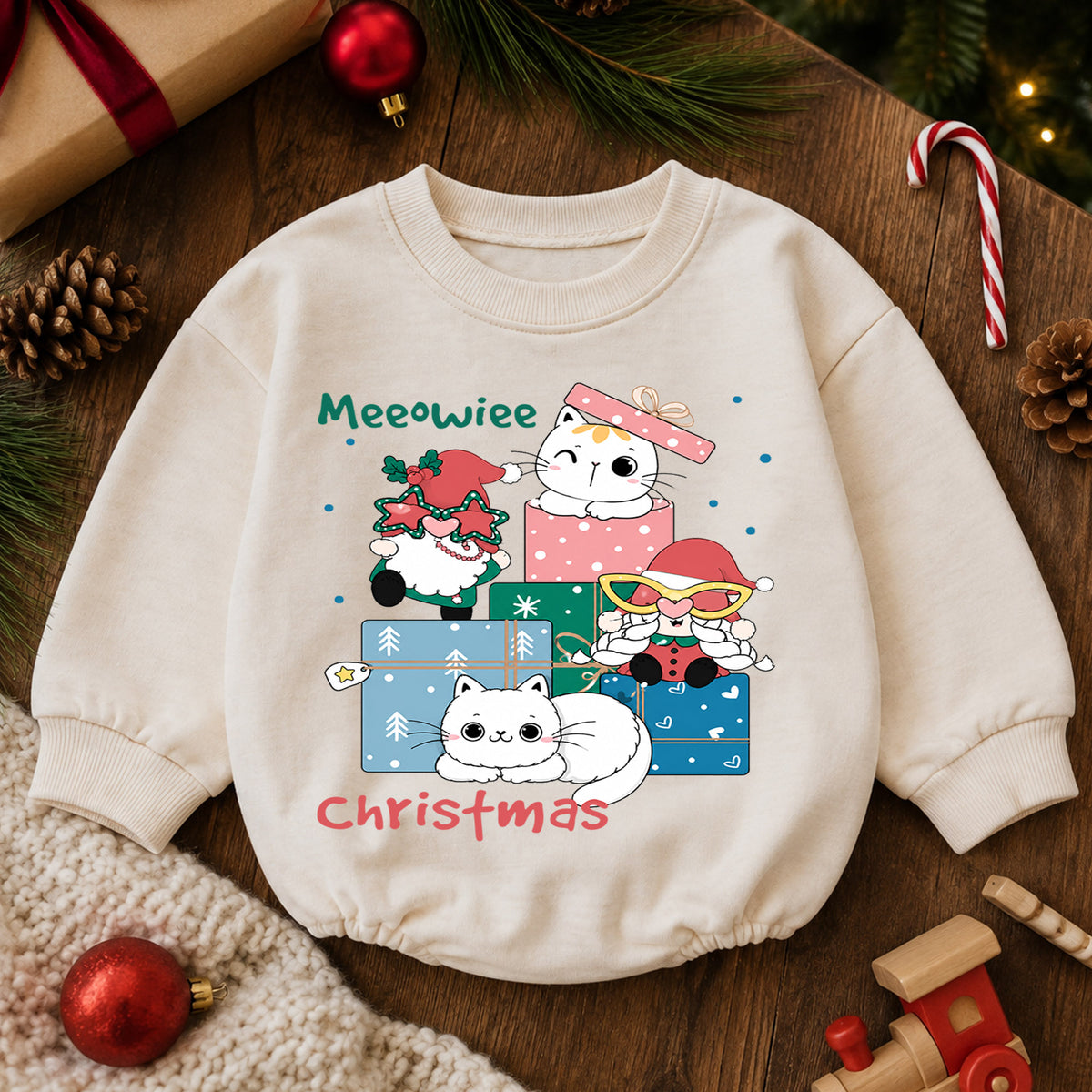 Meowie Christmas Cat Baby Romper, Cute Kitty Gift Box Holiday Outfit, Festive Cat Lover Romper, Christmas Gift for Baby — product view 6