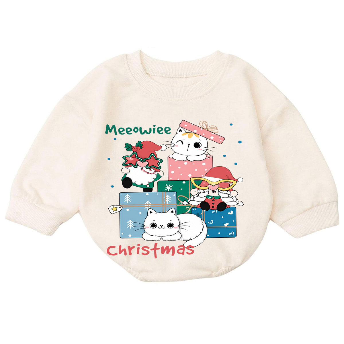 Meowie Christmas Cat Baby Romper, Cute Kitty Gift Box Holiday Outfit, Festive Cat Lover Romper, Christmas Gift for Baby — product view 7