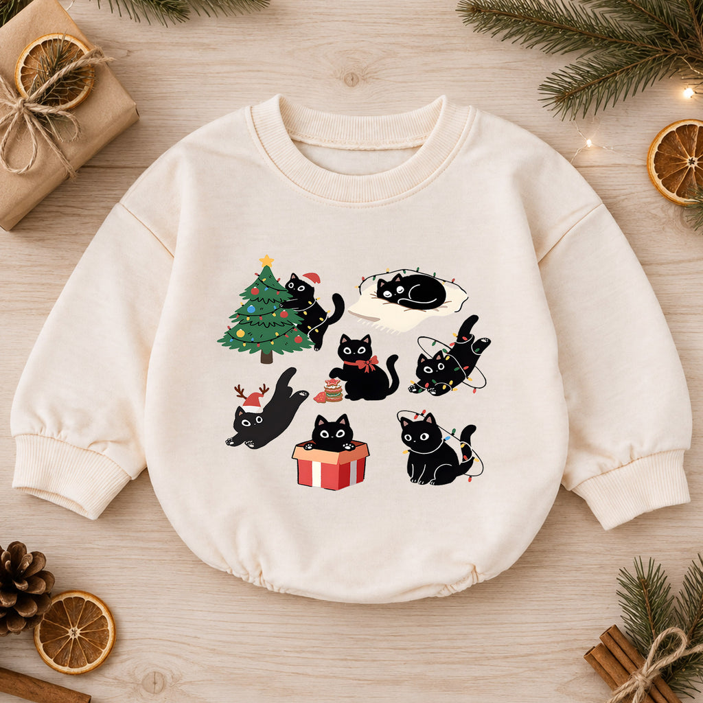 Black Cat Christmas Baby Romper, Funny Christmas Kitty Holiday Outfit, Cat Lover Xmas Romper, Cute Winter Gift for Baby — product view 1