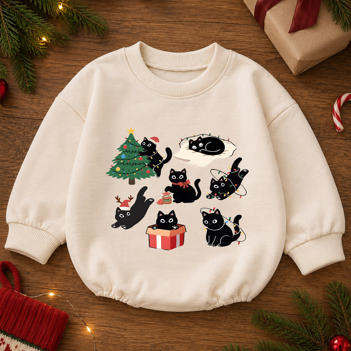Black Cat Christmas Baby Romper, Funny Christmas Kitty Holiday Outfit, Cat Lover Xmas Romper, Cute Winter Gift for Baby — product view 2