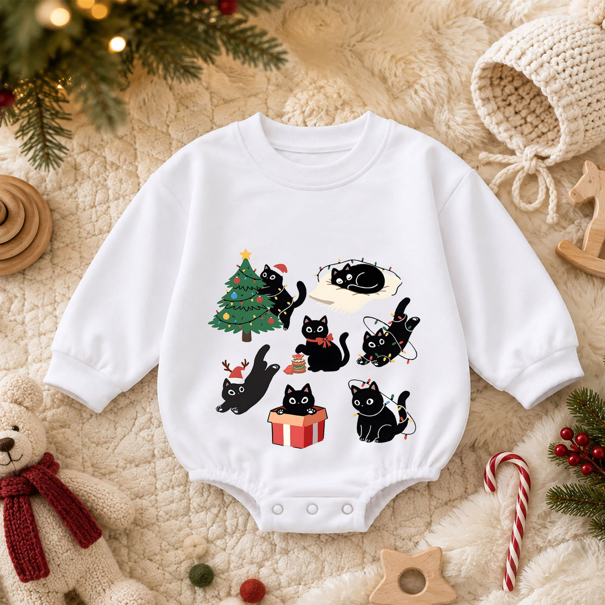 Black Cat Christmas Baby Romper, Funny Christmas Kitty Holiday Outfit, Cat Lover Xmas Romper, Cute Winter Gift for Baby — product view 3