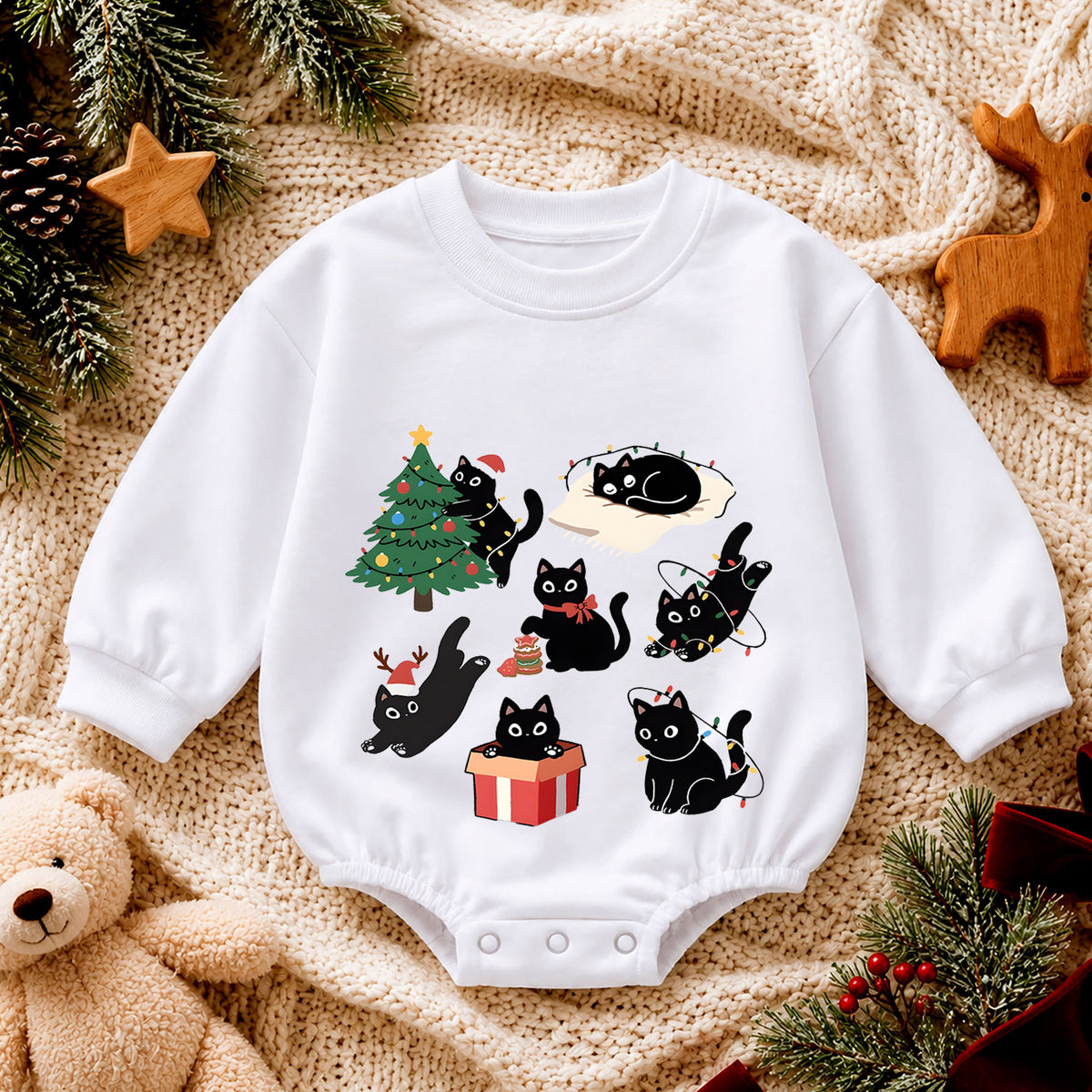Black Cat Christmas Baby Romper, Funny Christmas Kitty Holiday Outfit, Cat Lover Xmas Romper, Cute Winter Gift for Baby — product view 4