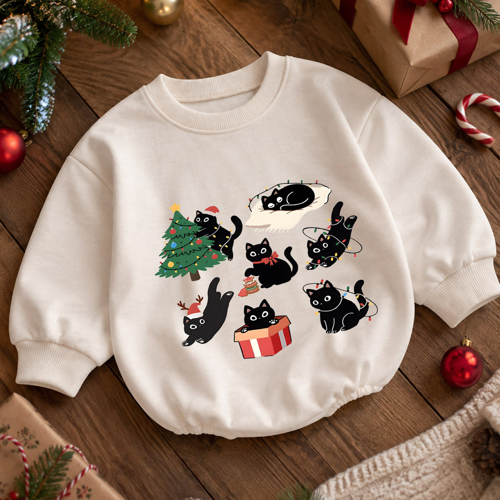 Black Cat Christmas Baby Romper, Funny Christmas Kitty Holiday Outfit, Cat Lover Xmas Romper, Cute Winter Gift for Baby — product view 5