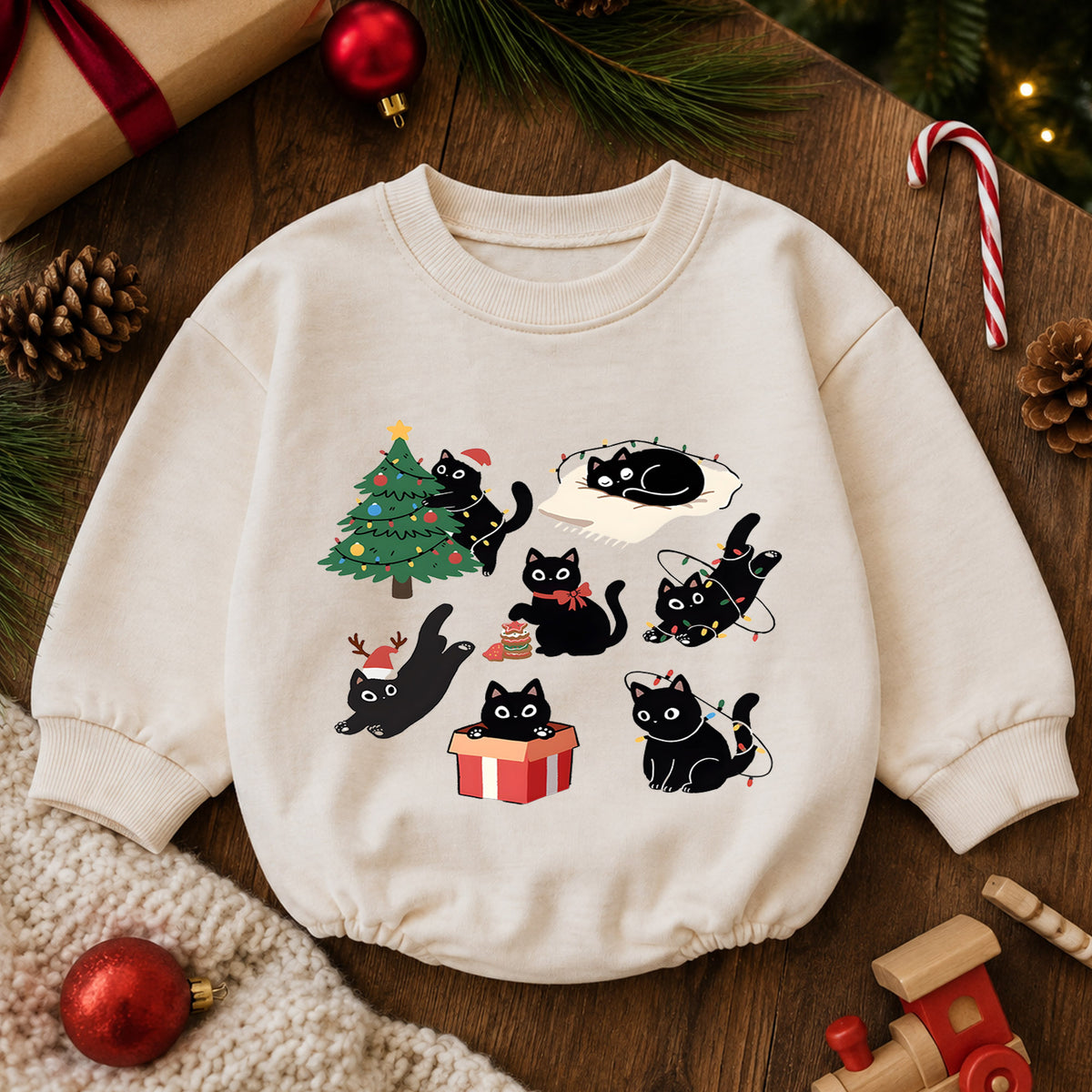 Black Cat Christmas Baby Romper, Funny Christmas Kitty Holiday Outfit, Cat Lover Xmas Romper, Cute Winter Gift for Baby — product view 6