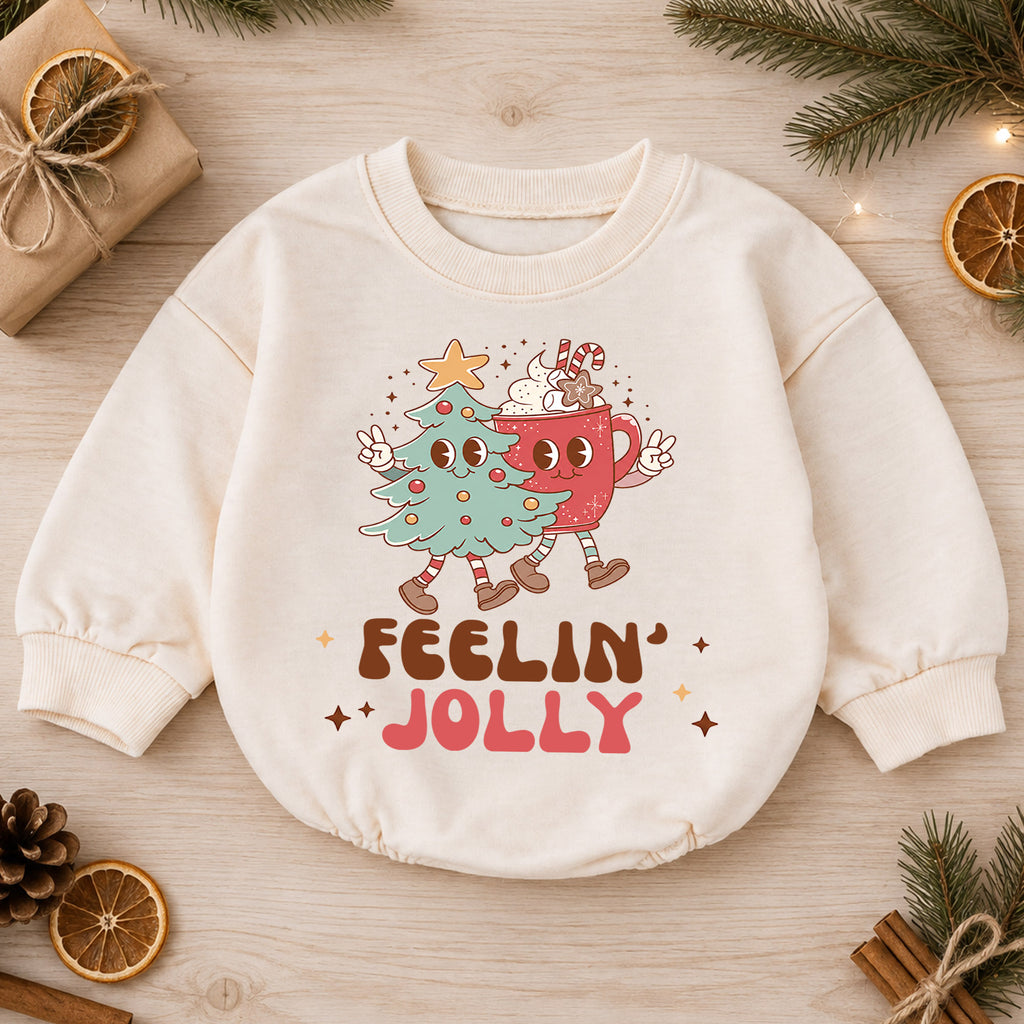 Feelin Jolly Christmas Romper, Cute Cocoa and Christmas Tree Romper, Retro Holiday Outfit, Festive Winter Gift for Baby — product view 1