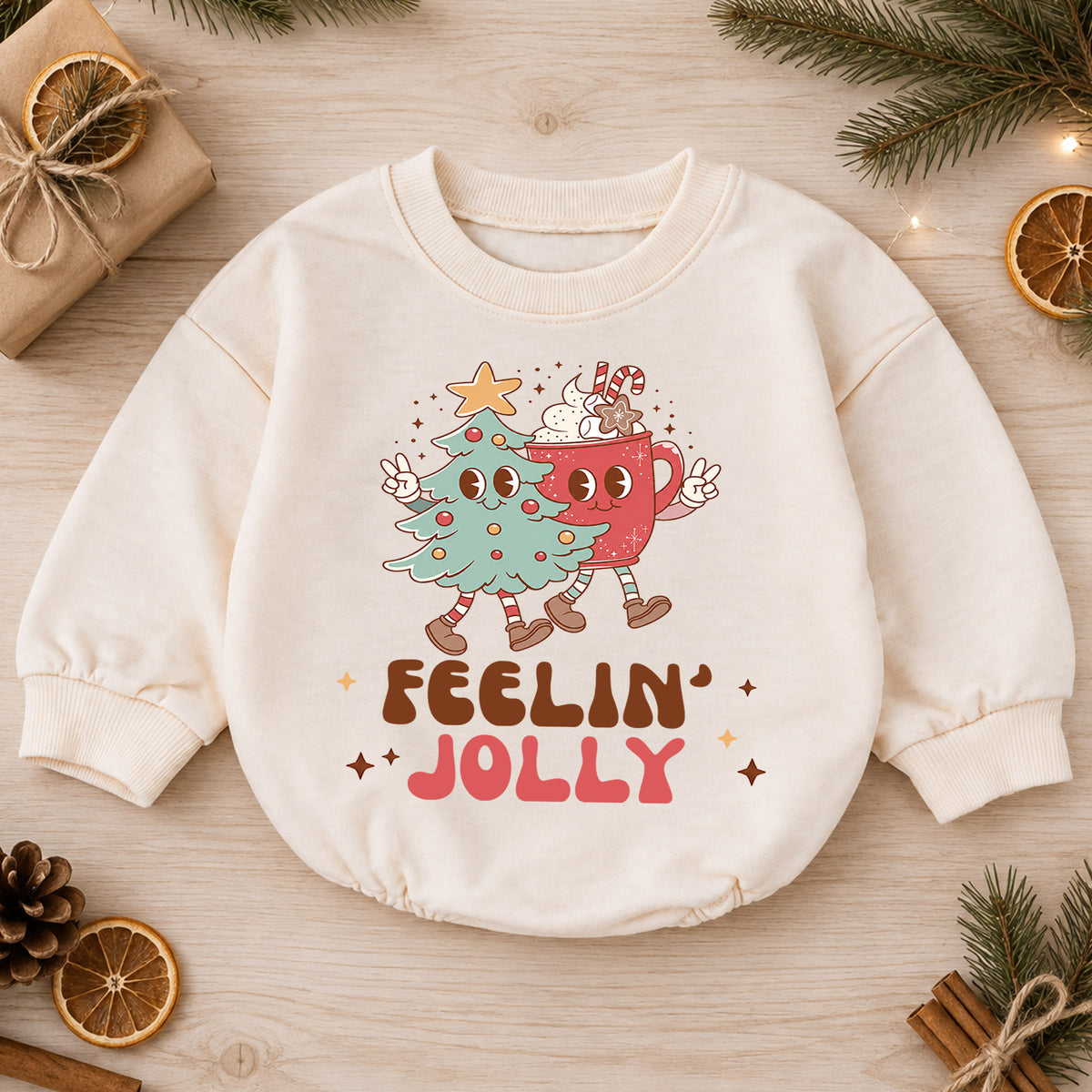Feelin Jolly Christmas Romper, Cute Cocoa and Christmas Tree Romper, Retro Holiday Outfit, Festive Winter Gift for Baby — product view 1