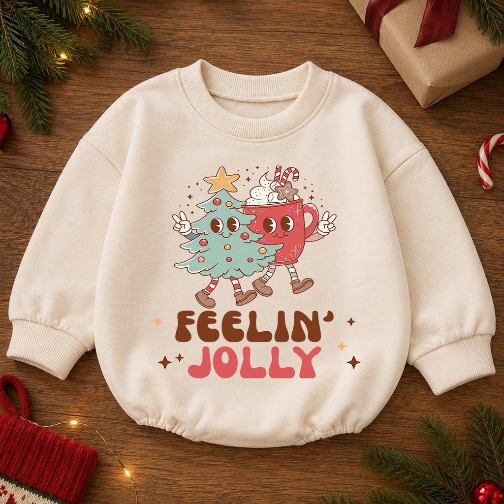 Feelin Jolly Christmas Romper, Cute Cocoa and Christmas Tree Romper, Retro Holiday Outfit, Festive Winter Gift for Baby — product view 2