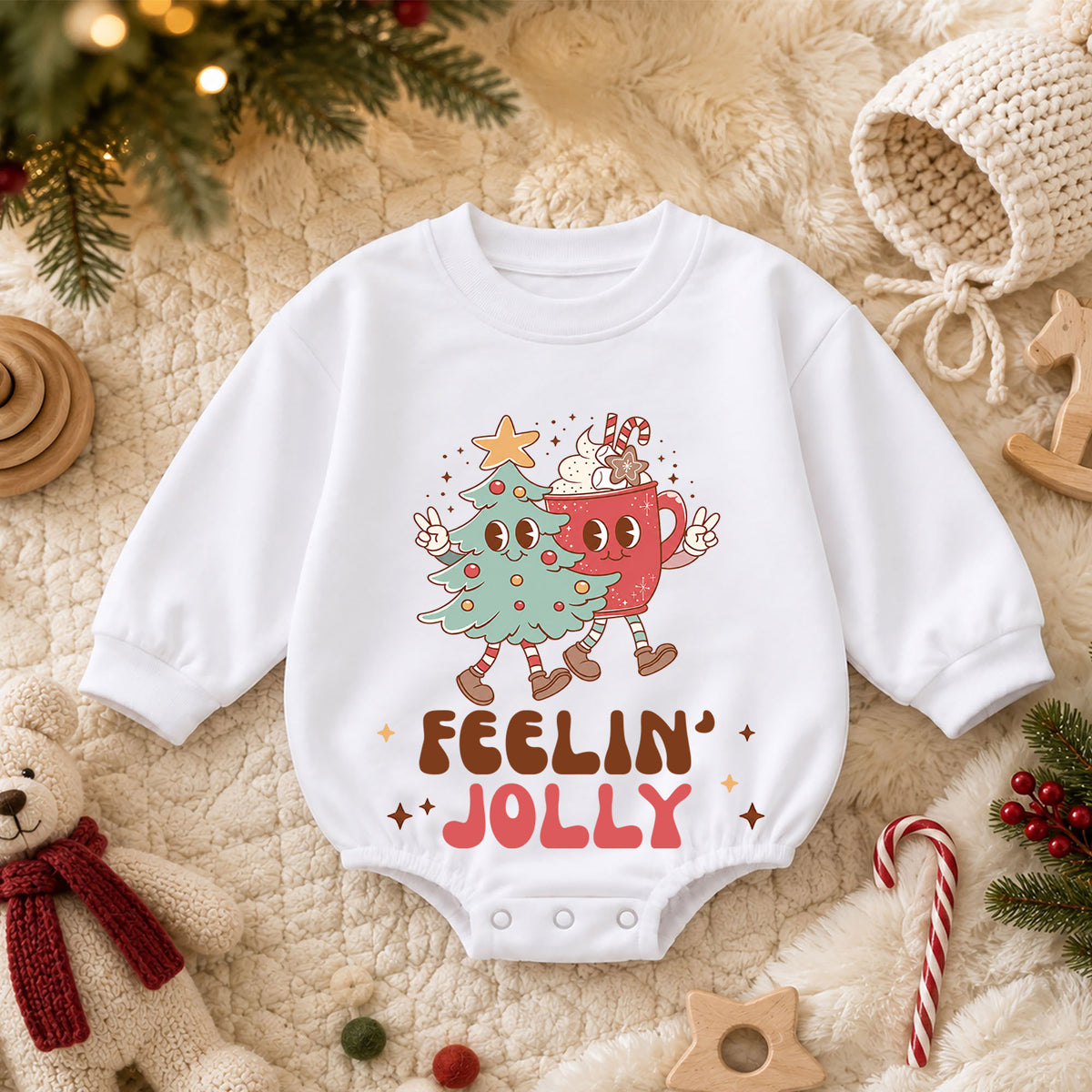 Feelin Jolly Christmas Romper, Cute Cocoa and Christmas Tree Romper, Retro Holiday Outfit, Festive Winter Gift for Baby — product view 3