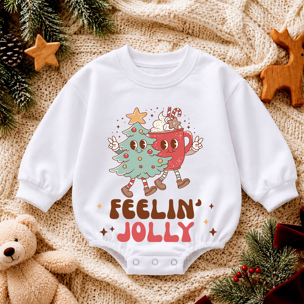 Feelin Jolly Christmas Romper, Cute Cocoa and Christmas Tree Romper, Retro Holiday Outfit, Festive Winter Gift for Baby — product view 4