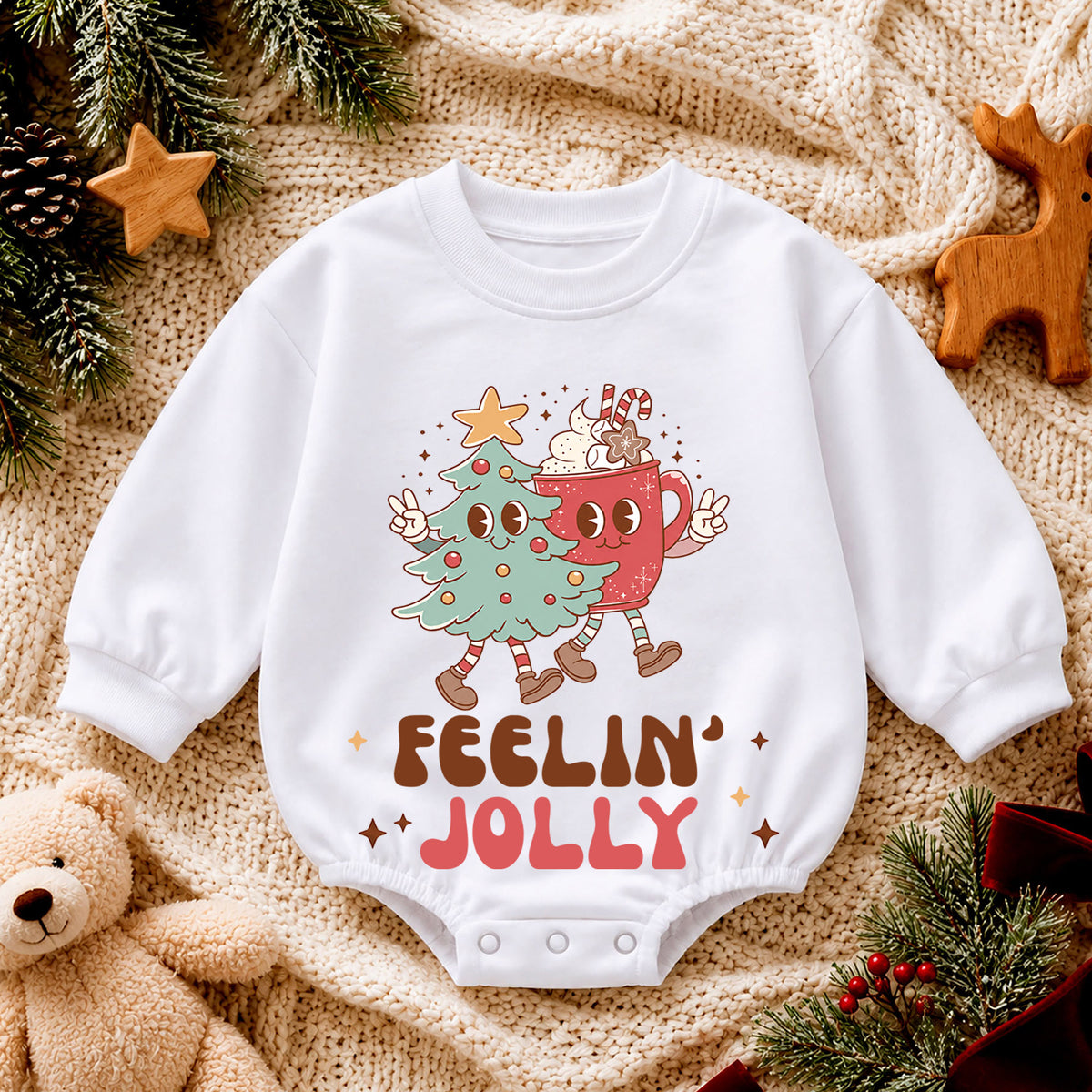 Feelin Jolly Christmas Romper, Cute Cocoa and Christmas Tree Romper, Retro Holiday Outfit, Festive Winter Gift for Baby — product view 4