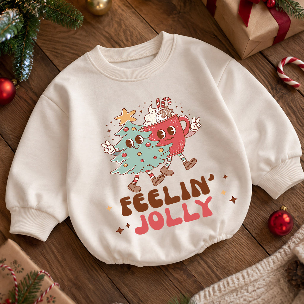 Feelin Jolly Christmas Romper, Cute Cocoa and Christmas Tree Romper, Retro Holiday Outfit, Festive Winter Gift for Baby — product view 5