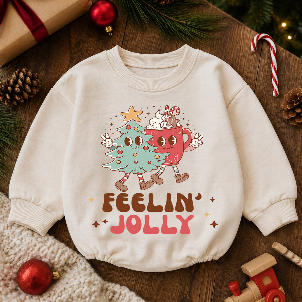 Feelin Jolly Christmas Romper, Cute Cocoa and Christmas Tree Romper, Retro Holiday Outfit, Festive Winter Gift for Baby — product view 6