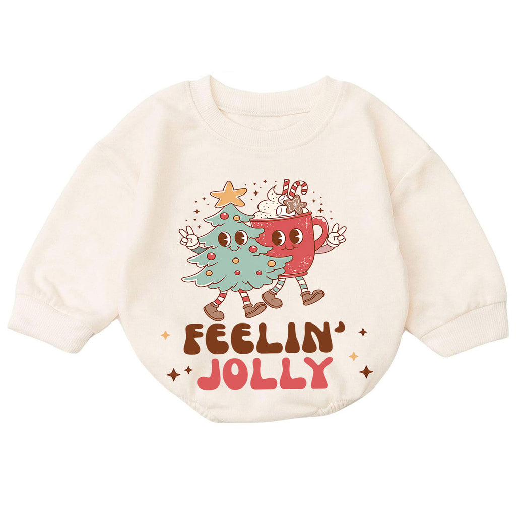 Feelin Jolly Christmas Romper, Cute Cocoa and Christmas Tree Romper, Retro Holiday Outfit, Festive Winter Gift for Baby — product view 7