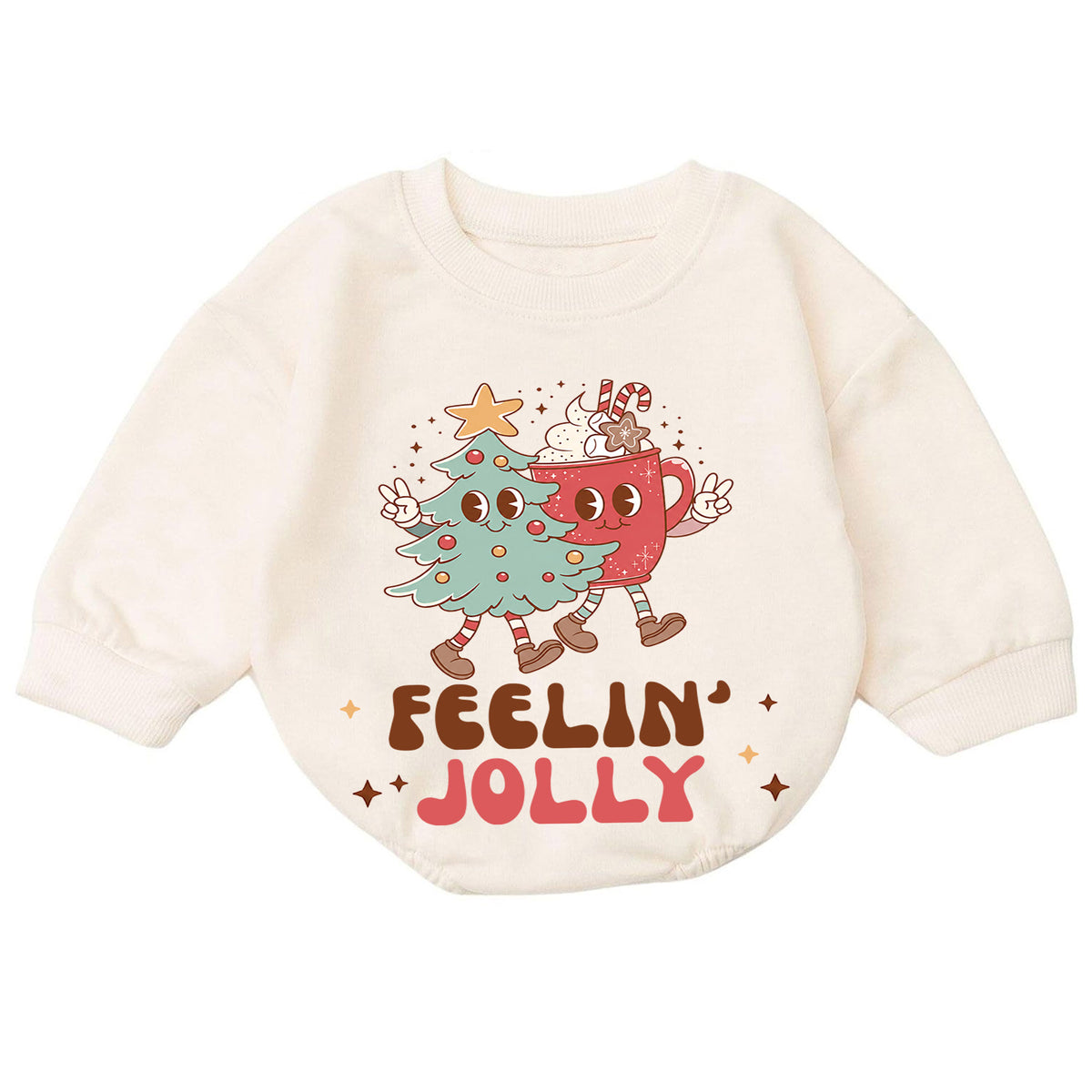Feelin Jolly Christmas Romper, Cute Cocoa and Christmas Tree Romper, Retro Holiday Outfit, Festive Winter Gift for Baby — product view 7