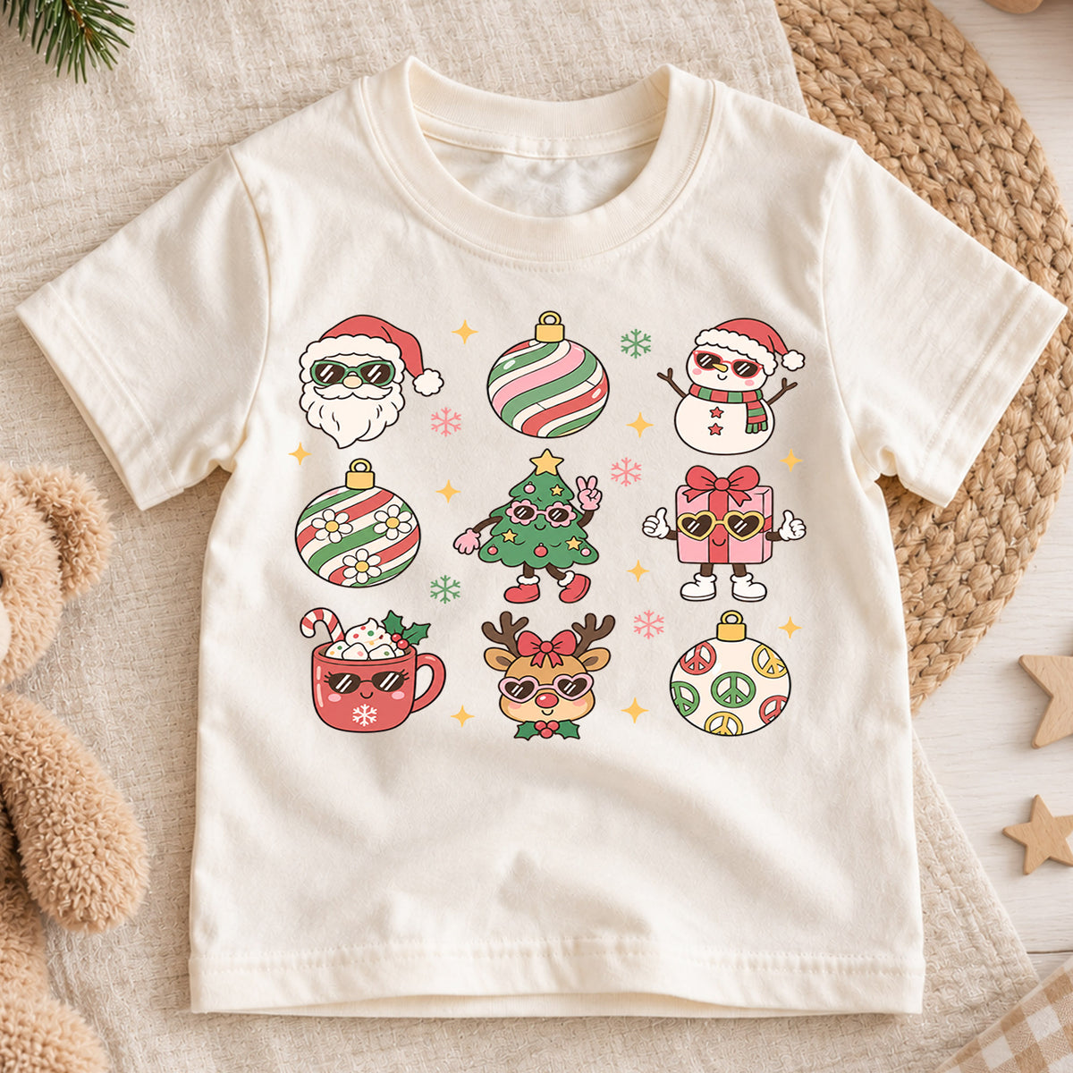 Retro Christmas Icons Kids Shirt, Cute Santa Snowman Reindeer Holiday Tee, Groovy Christmas T Shirt, Festive Xmas Gift for Kids — product view 1