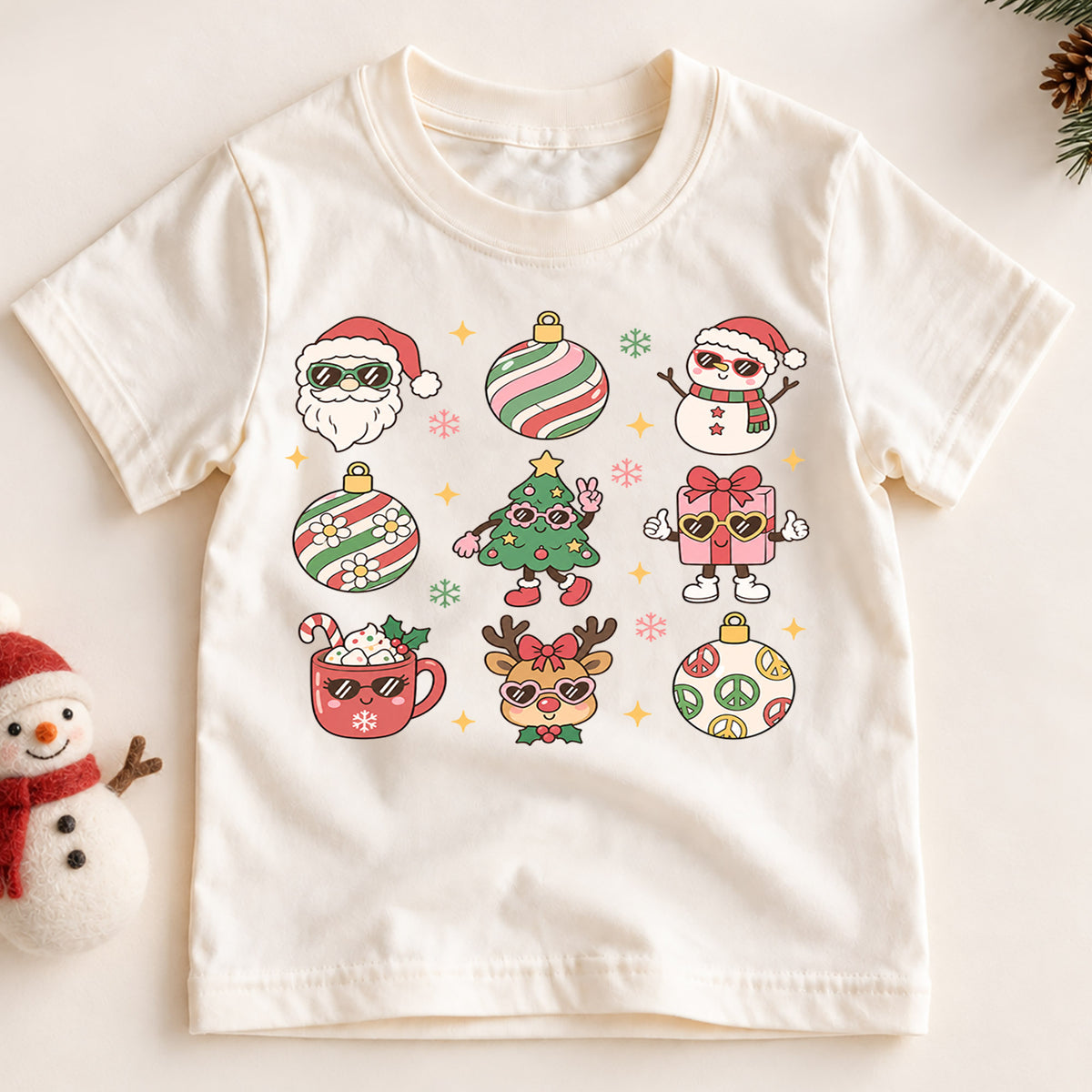 Retro Christmas Icons Kids Shirt, Cute Santa Snowman Reindeer Holiday Tee, Groovy Christmas T Shirt, Festive Xmas Gift for Kids — product view 2