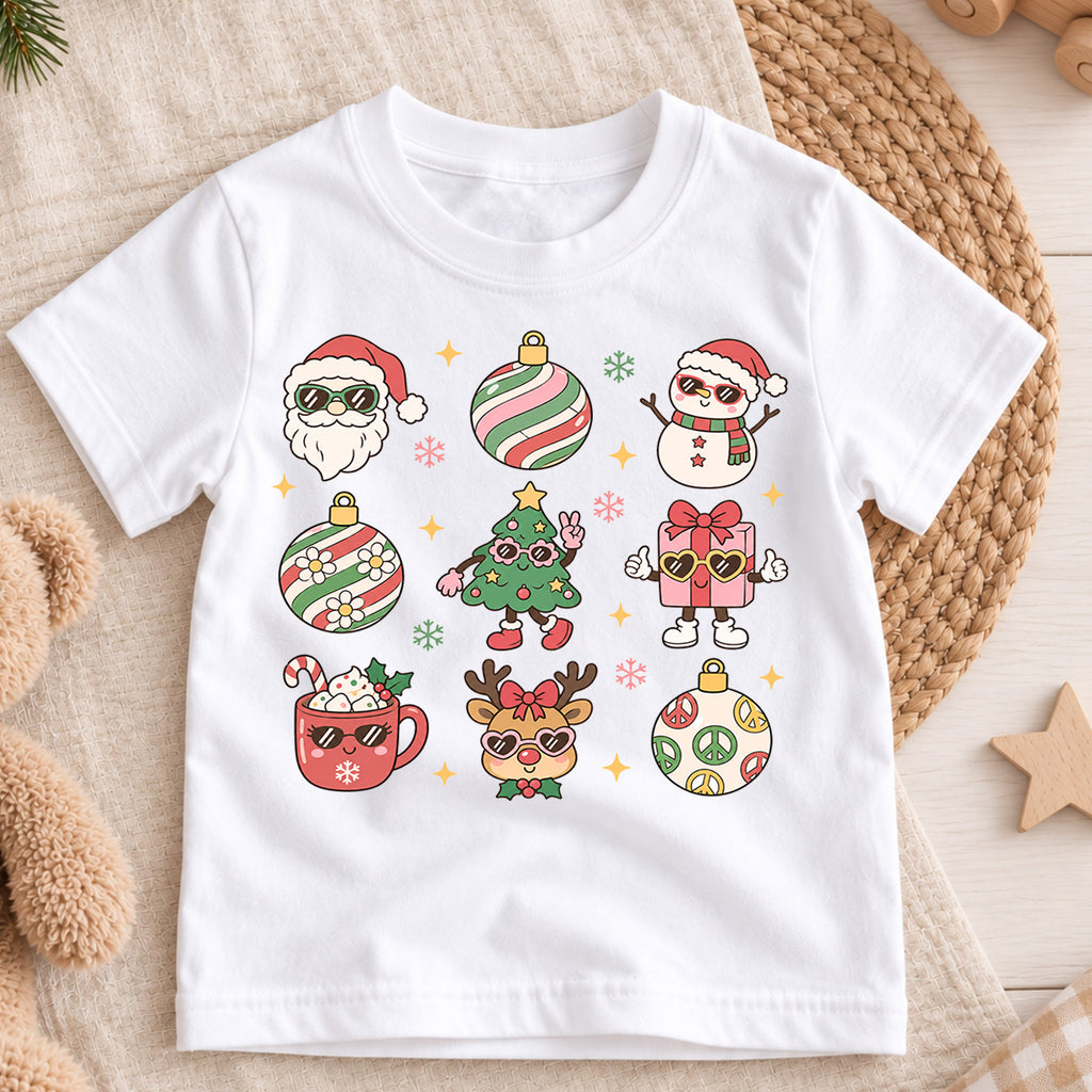 Retro Christmas Icons Kids Shirt, Cute Santa Snowman Reindeer Holiday Tee, Groovy Christmas T Shirt, Festive Xmas Gift for Kids — product view 3