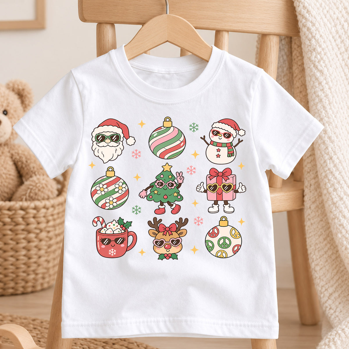 Retro Christmas Icons Kids Shirt, Cute Santa Snowman Reindeer Holiday Tee, Groovy Christmas T Shirt, Festive Xmas Gift for Kids — product view 4