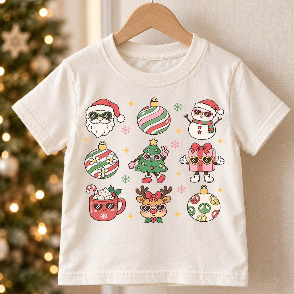Retro Christmas Icons Kids Shirt, Cute Santa Snowman Reindeer Holiday Tee, Groovy Christmas T Shirt, Festive Xmas Gift for Kids — product view 5