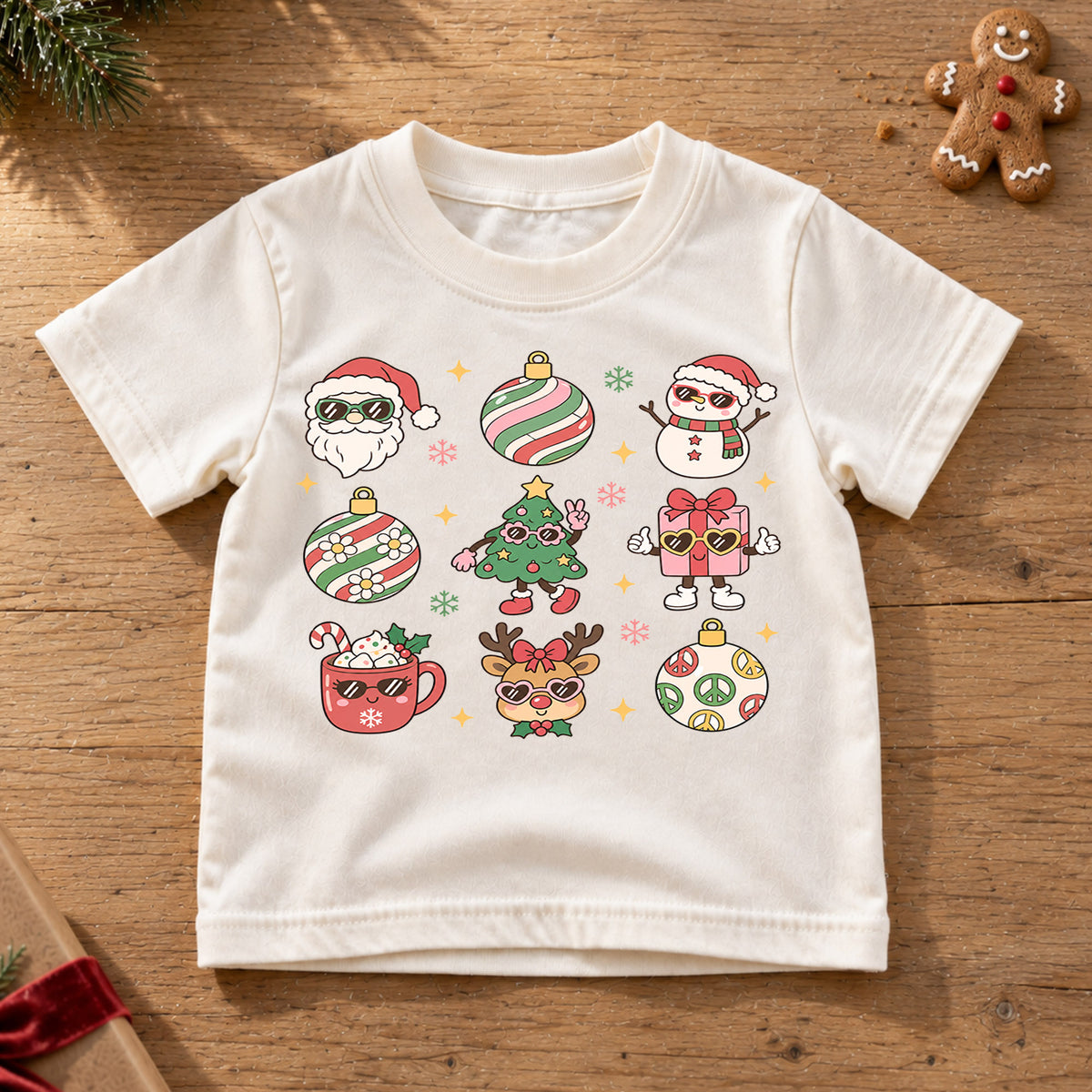 Retro Christmas Icons Kids Shirt, Cute Santa Snowman Reindeer Holiday Tee, Groovy Christmas T Shirt, Festive Xmas Gift for Kids — product view 6