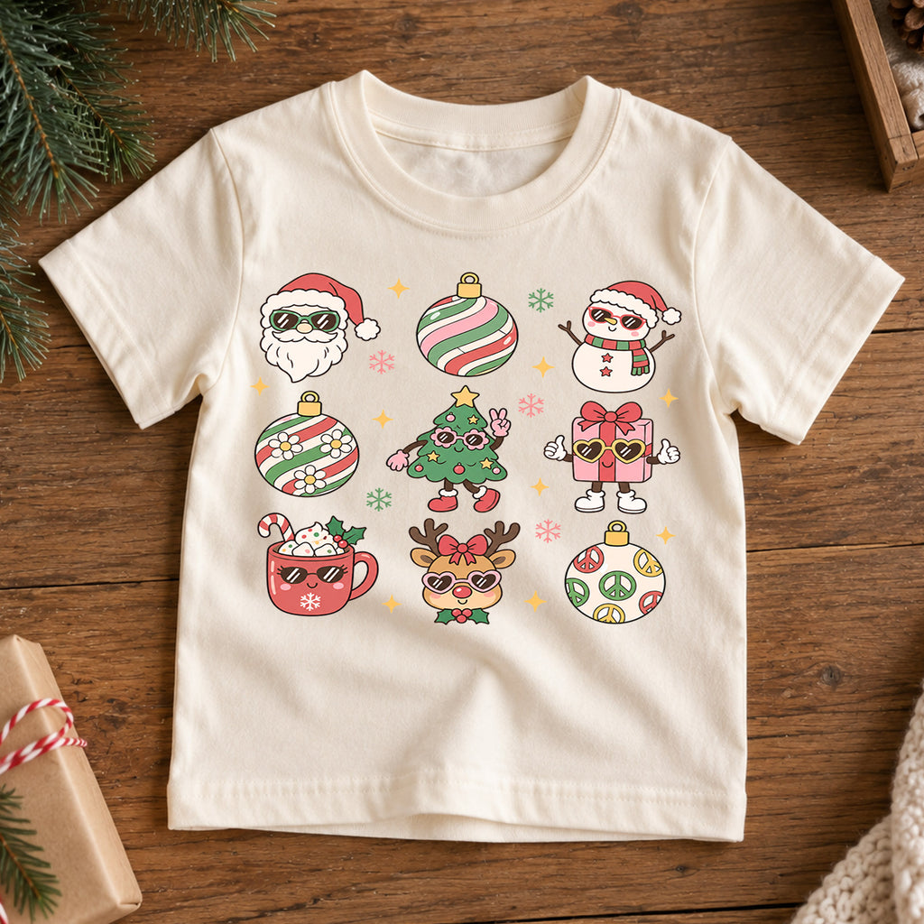 Retro Christmas Icons Kids Shirt, Cute Santa Snowman Reindeer Holiday Tee, Groovy Christmas T Shirt, Festive Xmas Gift for Kids — product view 7