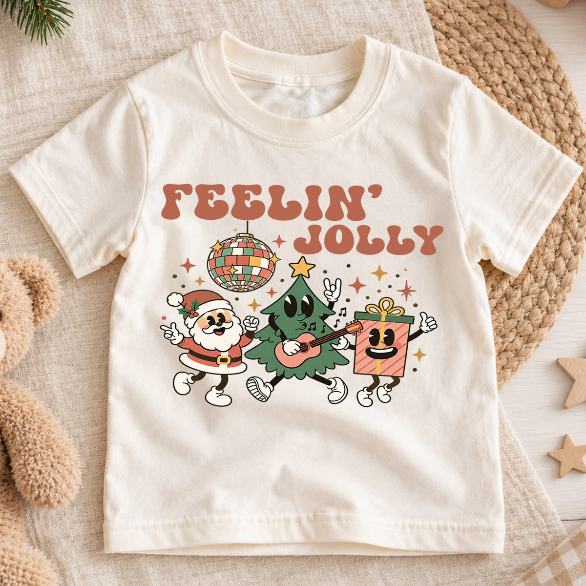 Feelin Jolly Kids Christmas Shirt, Retro Santa Christmas Tree Tee, Disco Holiday T Shirt, Cute Festive Xmas Gift for Kids — product view 1