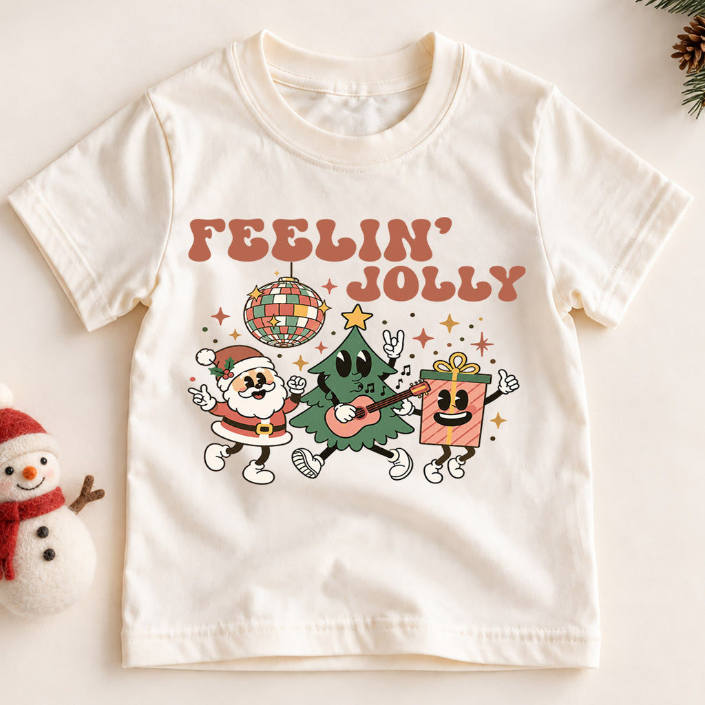 Feelin Jolly Kids Christmas Shirt, Retro Santa Christmas Tree Tee, Disco Holiday T Shirt, Cute Festive Xmas Gift for Kids — product view 2