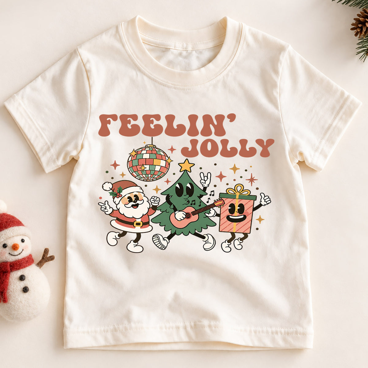 Feelin Jolly Kids Christmas Shirt, Retro Santa Christmas Tree Tee, Disco Holiday T Shirt, Cute Festive Xmas Gift for Kids — product view 2