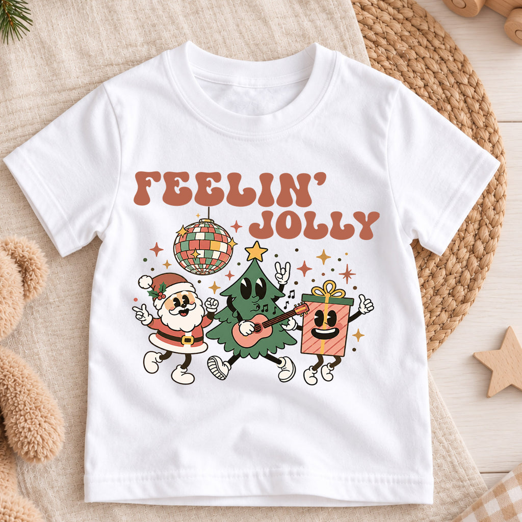 Feelin Jolly Kids Christmas Shirt, Retro Santa Christmas Tree Tee, Disco Holiday T Shirt, Cute Festive Xmas Gift for Kids — product view 3