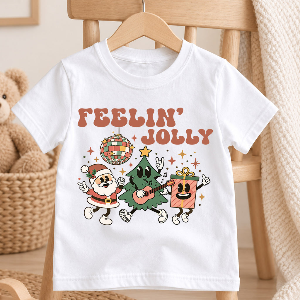 Feelin Jolly Kids Christmas Shirt, Retro Santa Christmas Tree Tee, Disco Holiday T Shirt, Cute Festive Xmas Gift for Kids — product view 4