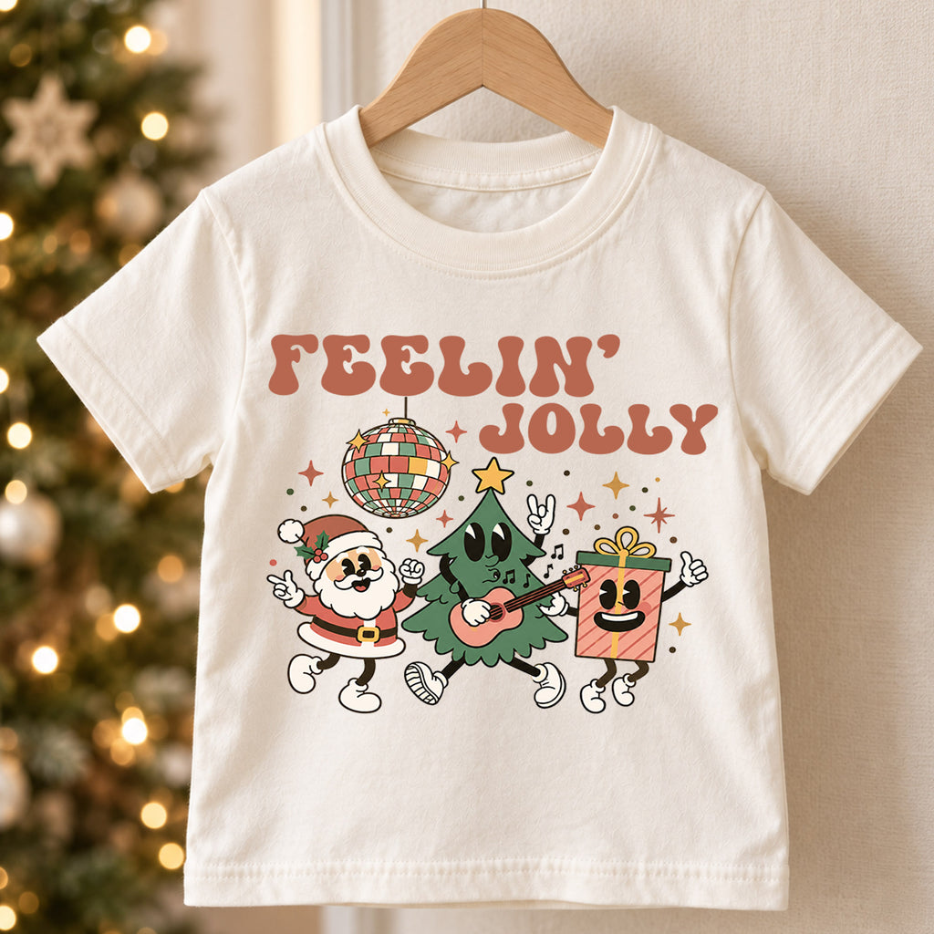 Feelin Jolly Kids Christmas Shirt, Retro Santa Christmas Tree Tee, Disco Holiday T Shirt, Cute Festive Xmas Gift for Kids — product view 5