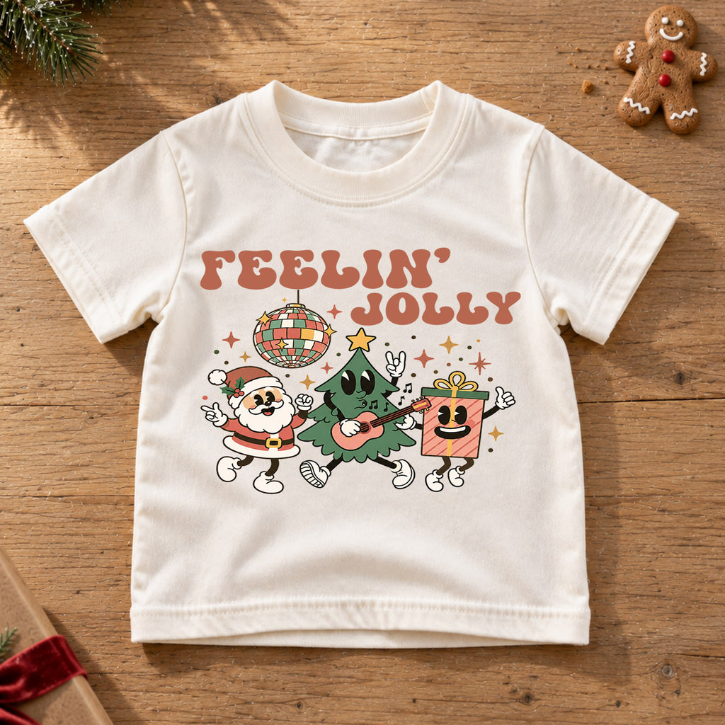 Feelin Jolly Kids Christmas Shirt, Retro Santa Christmas Tree Tee, Disco Holiday T Shirt, Cute Festive Xmas Gift for Kids — product view 6