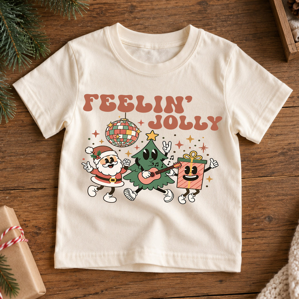 Feelin Jolly Kids Christmas Shirt, Retro Santa Christmas Tree Tee, Disco Holiday T Shirt, Cute Festive Xmas Gift for Kids — product view 7