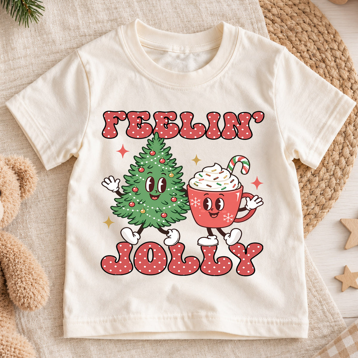 Feelin Jolly Christmas Kids Shirt, Cute Christmas Tree Hot Cocoa Tee, Retro Holiday T Shirt, Festive Xmas Outfit for Kids — product view 1