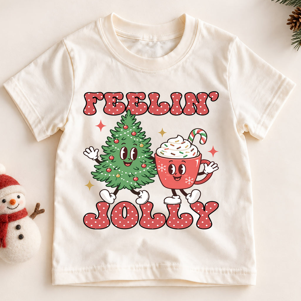 Feelin Jolly Christmas Kids Shirt, Cute Christmas Tree Hot Cocoa Tee, Retro Holiday T Shirt, Festive Xmas Outfit for Kids — product view 2