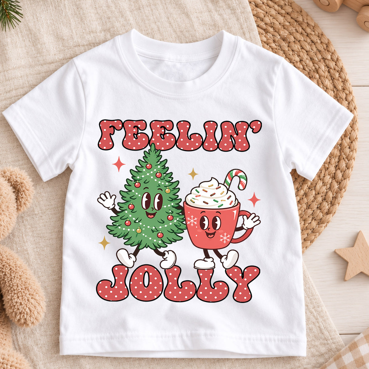 Feelin Jolly Christmas Kids Shirt, Cute Christmas Tree Hot Cocoa Tee, Retro Holiday T Shirt, Festive Xmas Outfit for Kids — product view 3