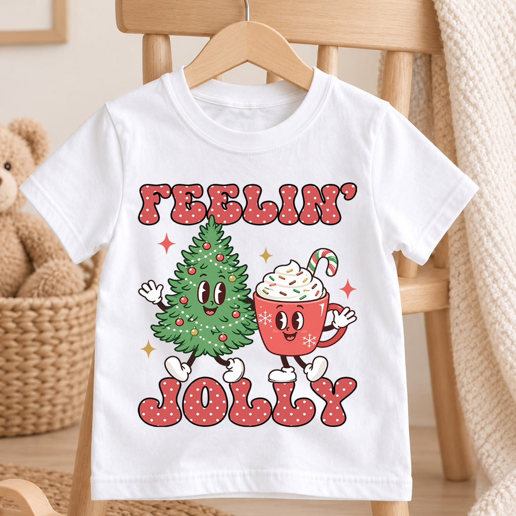 Feelin Jolly Christmas Kids Shirt, Cute Christmas Tree Hot Cocoa Tee, Retro Holiday T Shirt, Festive Xmas Outfit for Kids — product view 4