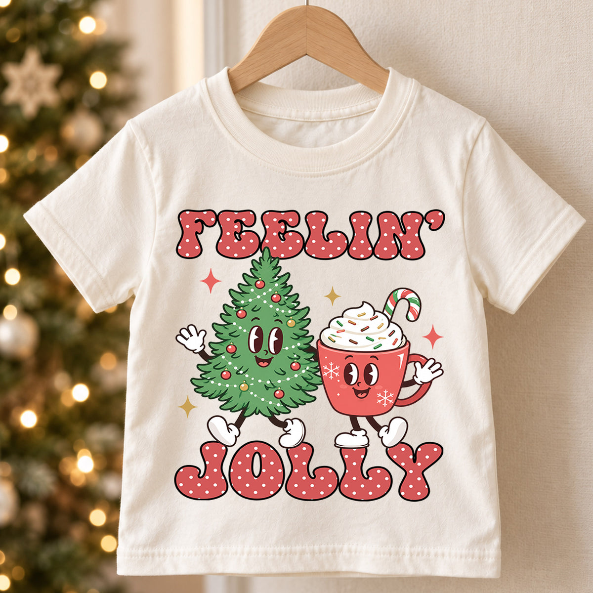 Feelin Jolly Christmas Kids Shirt, Cute Christmas Tree Hot Cocoa Tee, Retro Holiday T Shirt, Festive Xmas Outfit for Kids — product view 5