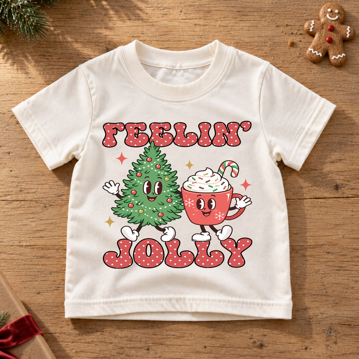 Feelin Jolly Christmas Kids Shirt, Cute Christmas Tree Hot Cocoa Tee, Retro Holiday T Shirt, Festive Xmas Outfit for Kids — product view 6