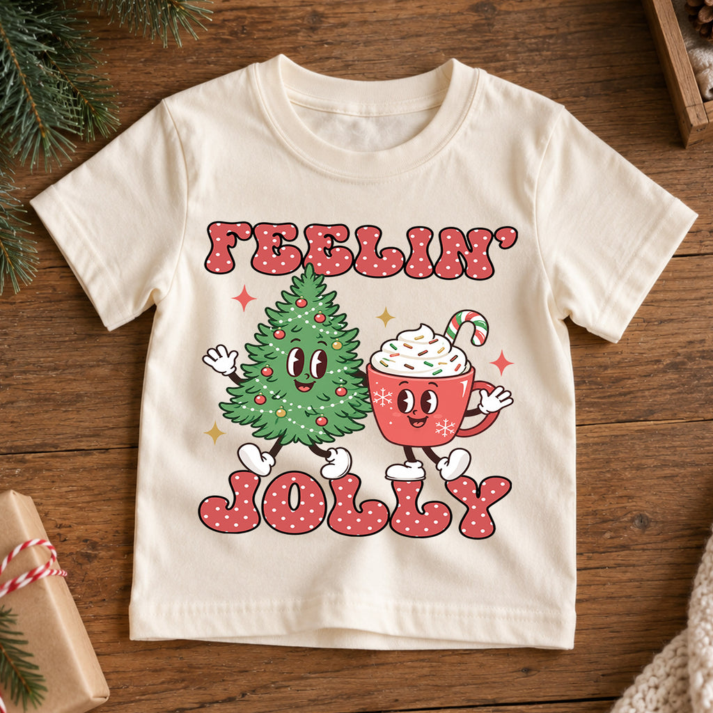 Feelin Jolly Christmas Kids Shirt, Cute Christmas Tree Hot Cocoa Tee, Retro Holiday T Shirt, Festive Xmas Outfit for Kids — product view 7