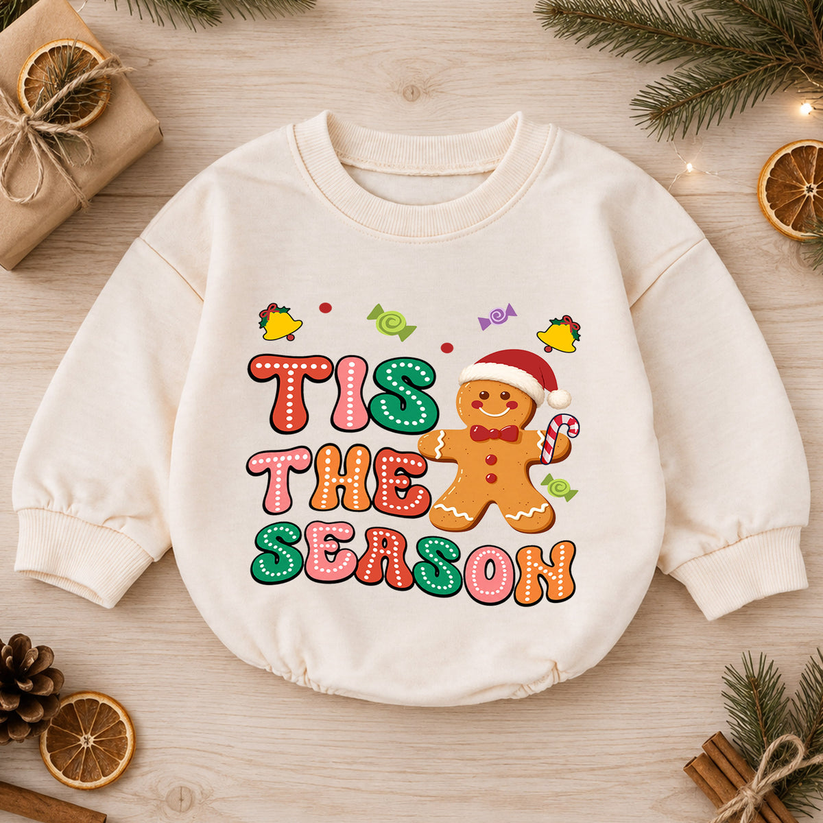 Gingerbread Christmas Baby Romper, Cute Holiday Cookie Outfit, Toddler Girl Xmas Romper, Tis the Season — product view 1