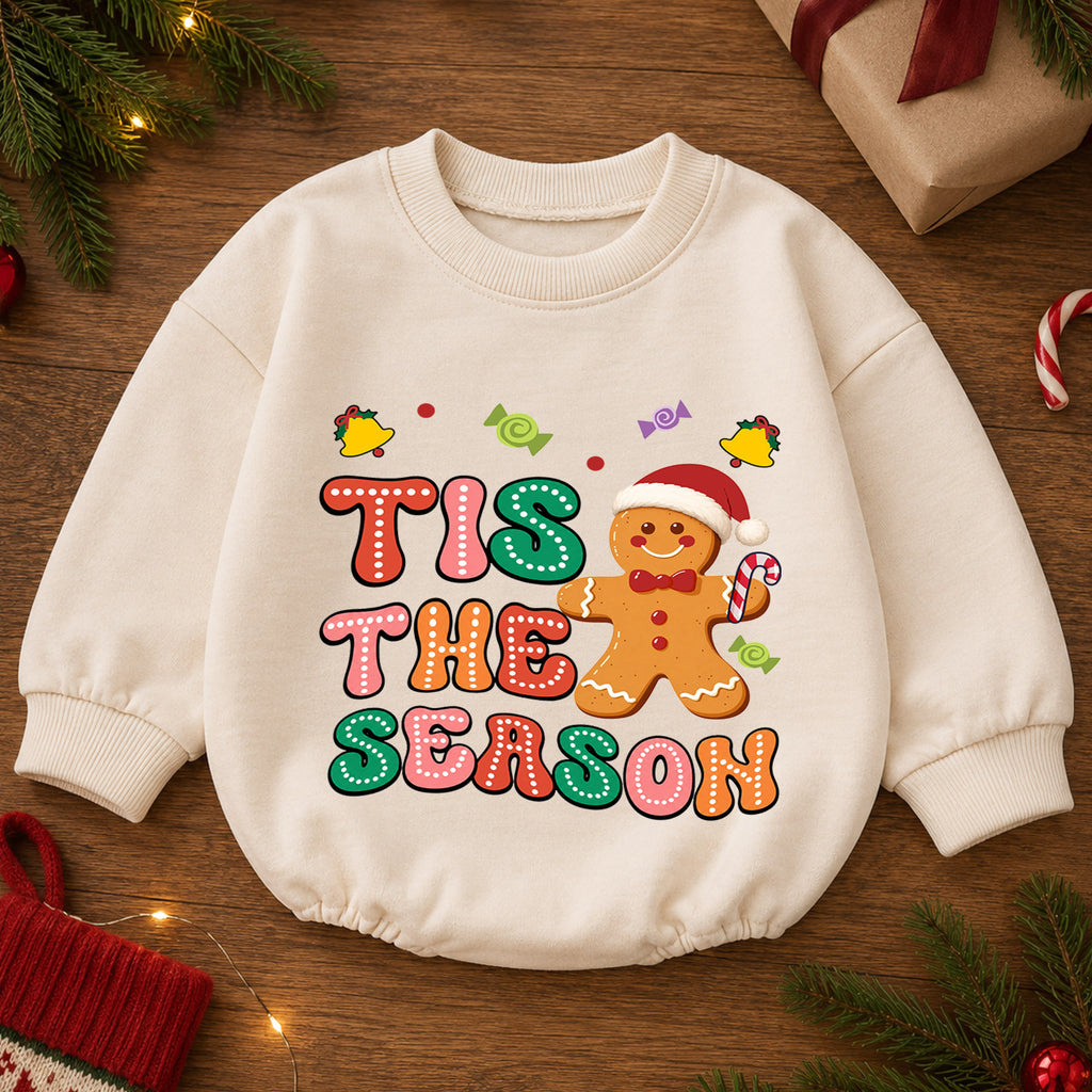 Gingerbread Christmas Baby Romper, Cute Holiday Cookie Outfit, Toddler Girl Xmas Romper, Tis the Season — product view 2
