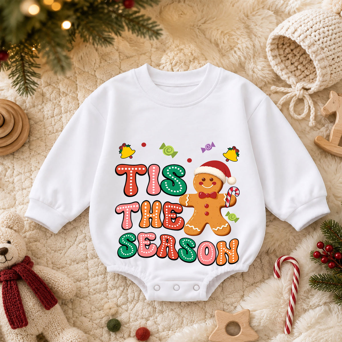 Gingerbread Christmas Baby Romper, Cute Holiday Cookie Outfit, Toddler Girl Xmas Romper, Tis the Season — product view 3