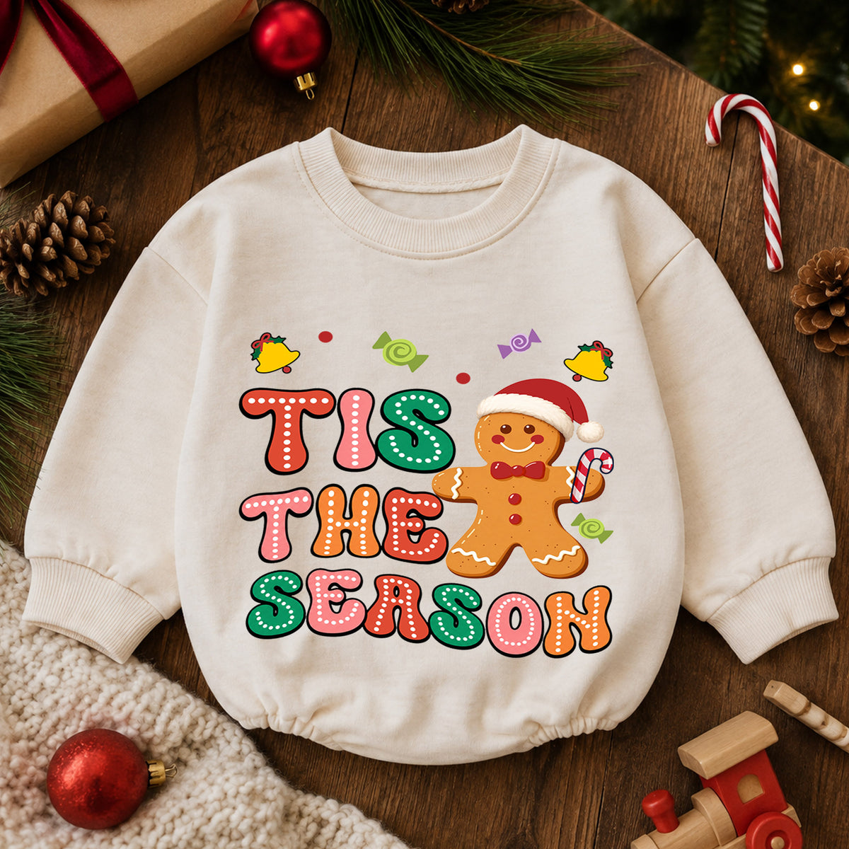 Gingerbread Christmas Baby Romper, Cute Holiday Cookie Outfit, Toddler Girl Xmas Romper, Tis the Season — product view 6