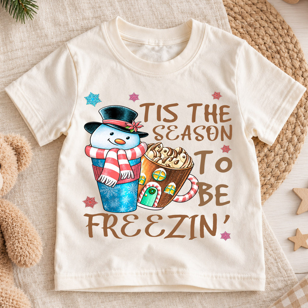 Tis the Season to Be Freezin Kids Christmas Shirt, Snowman Hot Cocoa Holiday Tee, Funny Winter T Shirt, Cute Xmas Gift for Kids — product view 1